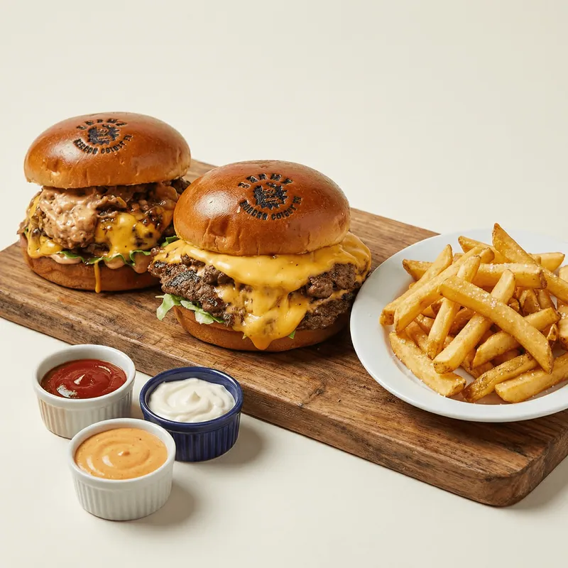 Két smash burger sült krumplival és szószokkal fatálcán